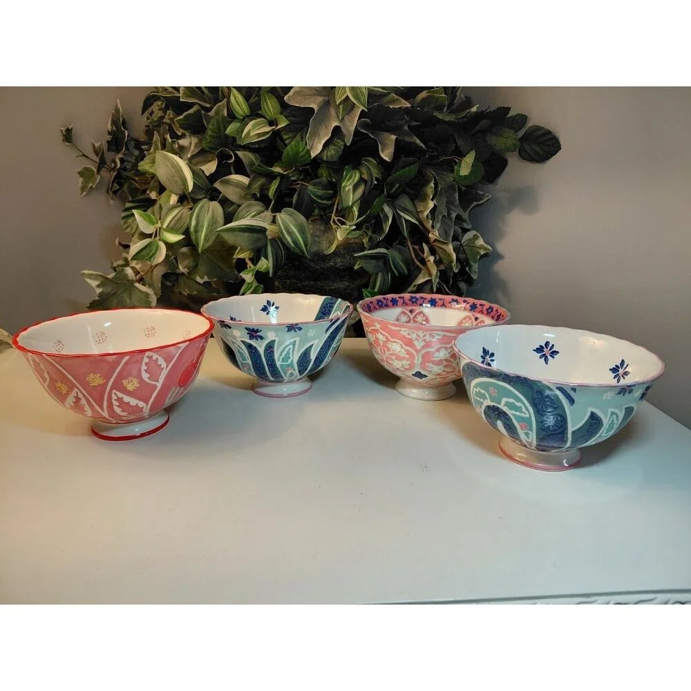 Anthropologie Set of 4 Hand Painted Footed Ceramic Bowls-Retired Mix & Match